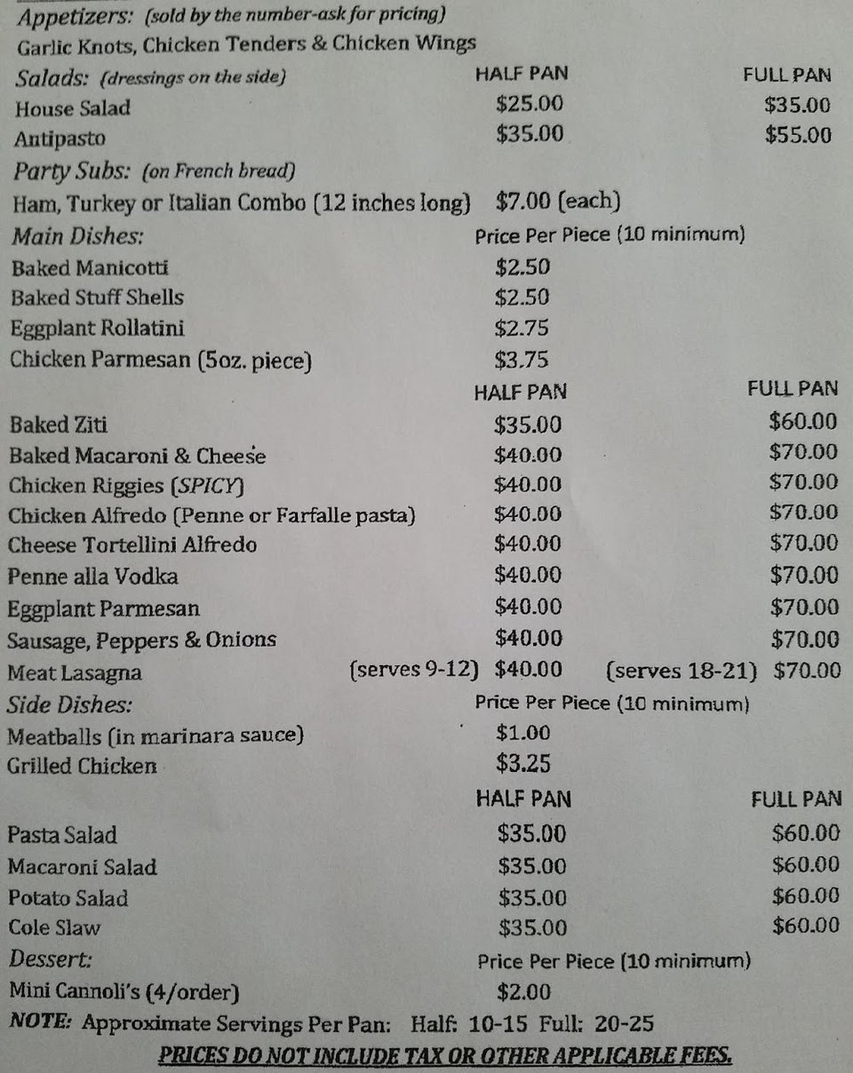 Appetizers and specialty pizzas listed